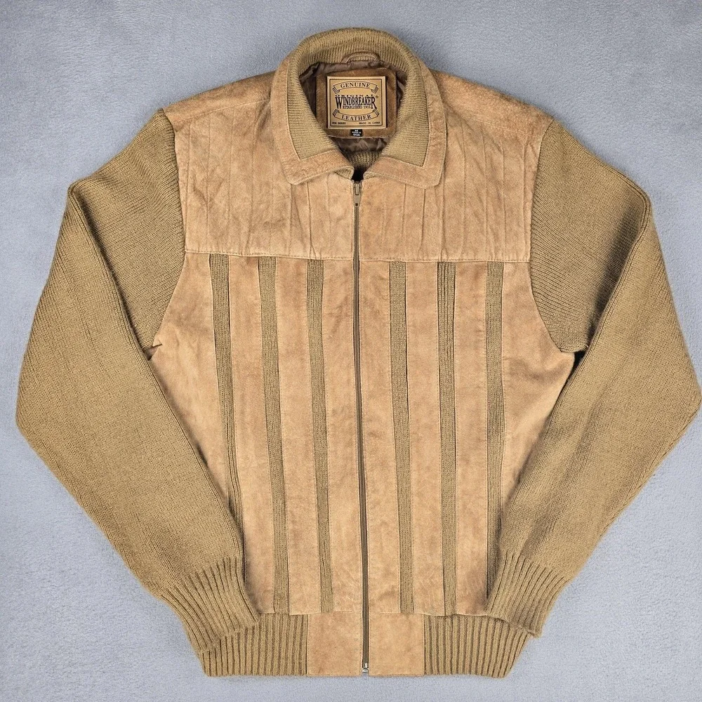 Original Windbreaker Jacket Mens Medium Beige Leather Knit Bomber Zip Striped‎ - Picture 2 of 8